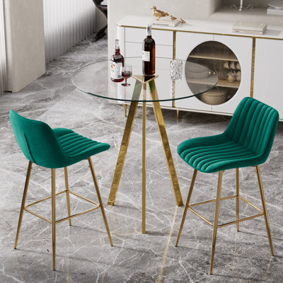 3 Piece Pub Table and Velvet Fabric Pedestal Bar Stool Dining Set (Set of 3)