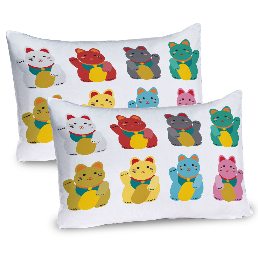 Kissenbezug Packung mit 2, Bunte Maneki Neko, Teal Pale Erde Gelb