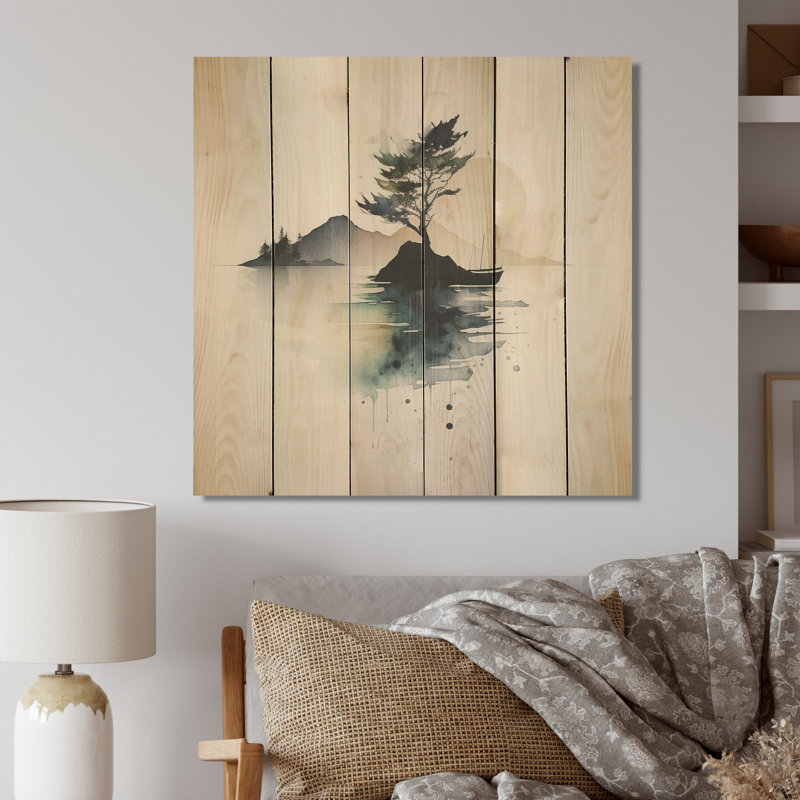 Aquarelle verte, arbre au bord du lac - paysage forêt, art mural bois de pin naturel, L 16 po x H 16 po