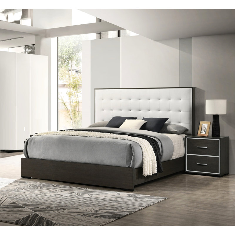Lit double à panneau tapissier contemporain gris et beige avec pieds en métal, Gris, Lit double