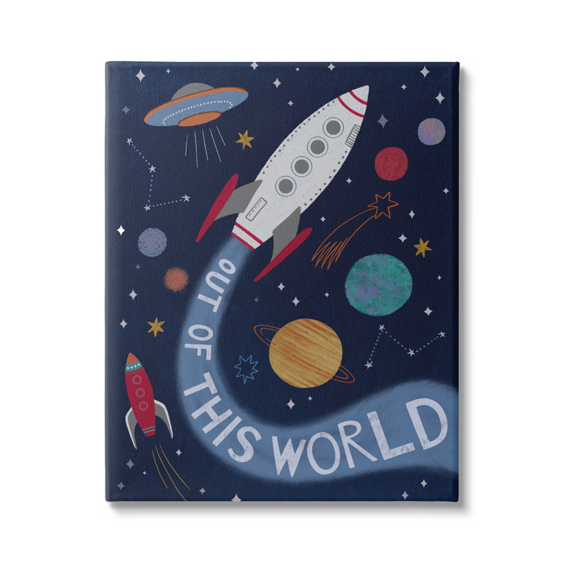 «Out Of This World Text Flying Rocket Ship Galaxy» par Nina Seven - impression, L 16 po x H 20 po, Toile tendue