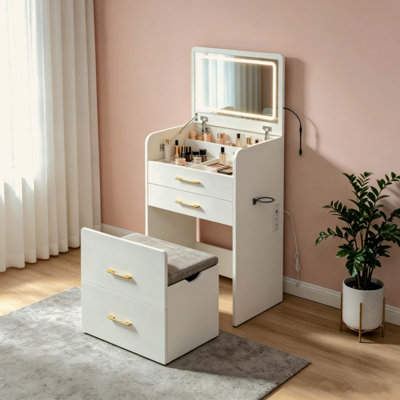 Meuble-lavabo 3 en 1 avec prise de courant et miroir DEL, coiffeuse rabattable de 23,6 po avec station de charge, 3 tiroirs, plateau en verre et tabouret rembourré pour la chambre à coucher