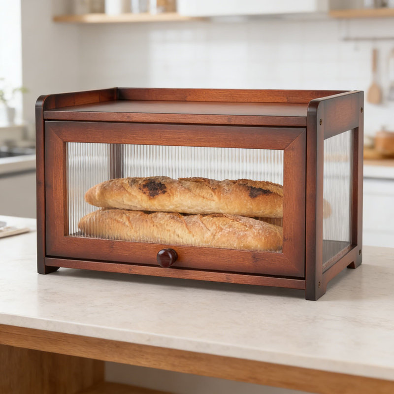 Bamboo Bread Box With Clear Window, Large Capacity Bread Storage Container With Slide-In Door, Farmhouse Style Bread Bin For Kitchen Counter