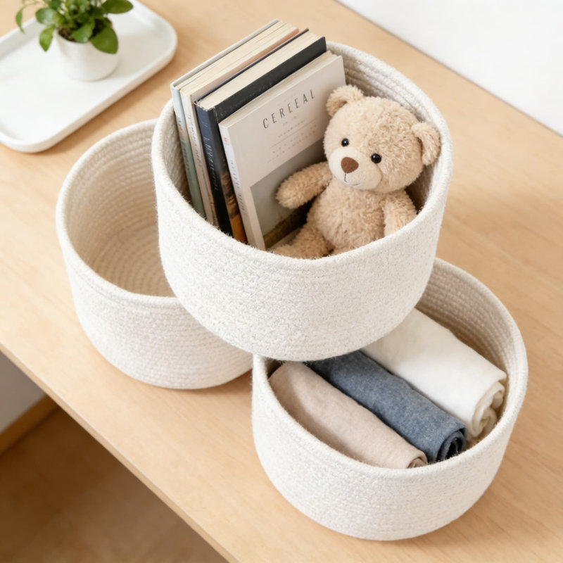 Hand-Woven Cotton Rope Storage Baskets, Round Decorative Organizer Bins With Reinforced Handles For Home, Shelf, Desk, Toy, And Gift Use