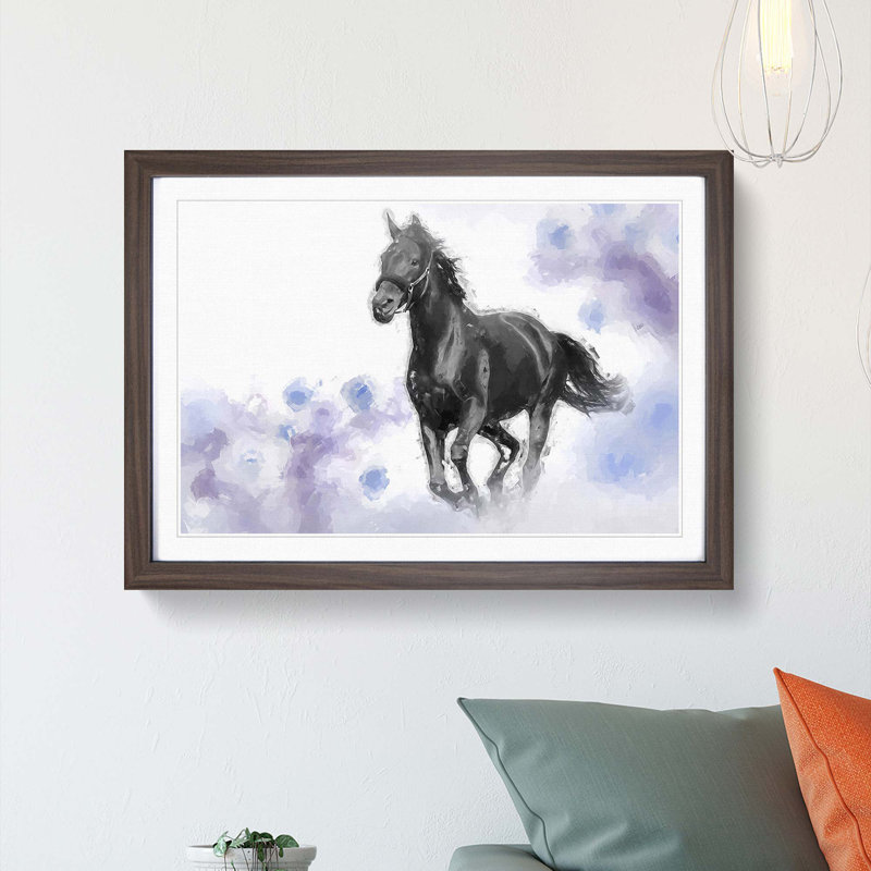 Wild Black Horse in Abstract - Framed Print, 60cm H x 91cm W x 2cm D, Walnut