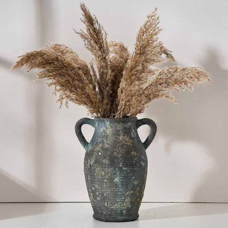 Handmade Ceramic Farmhouse Vase With Handles For Home Decor, Rustic Distressed Flower Vase For Living Room, Shelf, Table, And Entryway Decoration