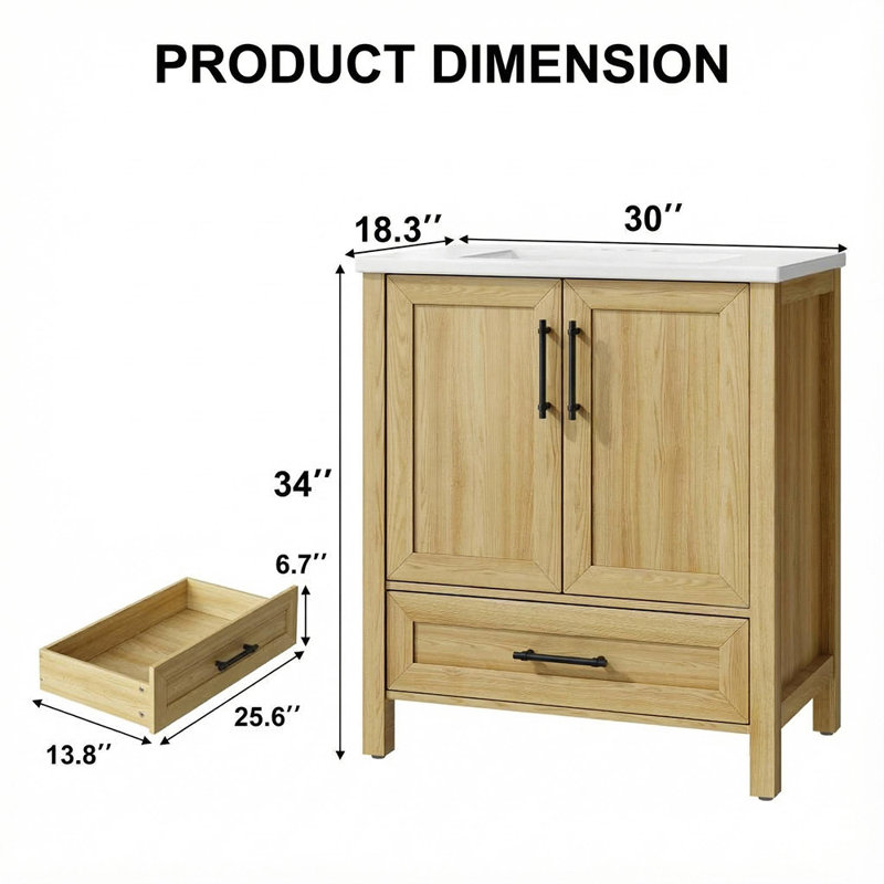 30" Freestanding Bathroom Vanity with Sink, Wooden Bathroom Sink Cabinet with 2 Soft-Close Doors and Large Drawer, Easy-Clean Storage Vanity