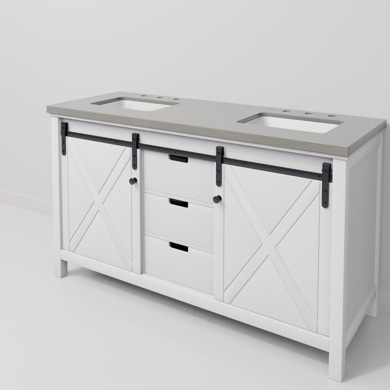 Marsyas 60 in W x 22 in D Double Bath Vanity Top, White, Gray Quartz