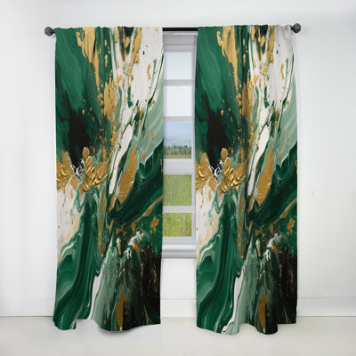 Green And Gold Liquid Magic I - Modern Blackout Abstract Curtain - 1 Panel