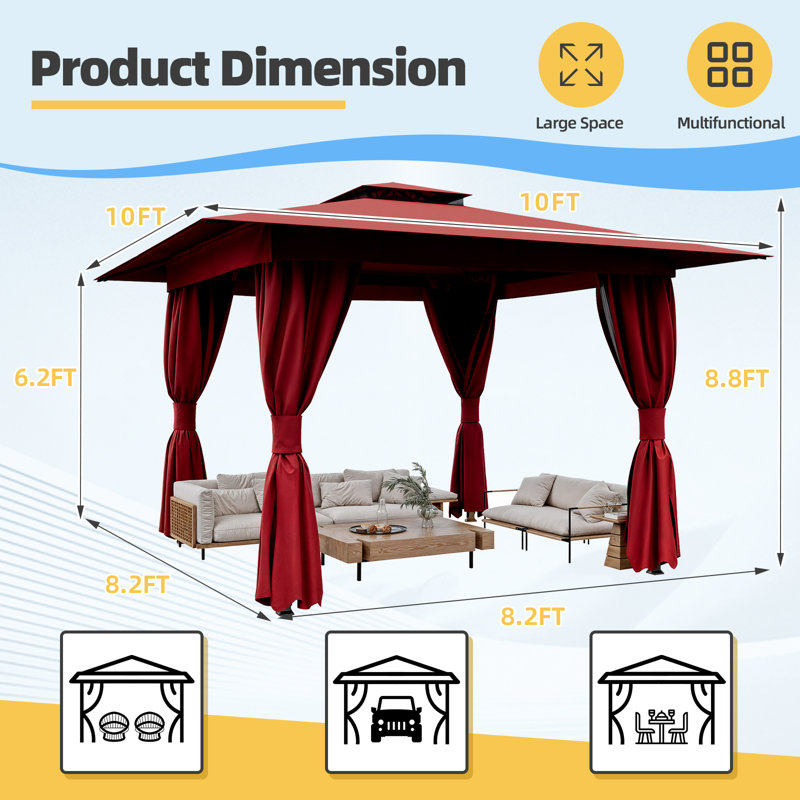 10'x10' Soft-top Gazebo, Heavy-Duty Outdoor Gazebo with Double Roofs, UV Protection & Curtains – Ideal for Patio, Deck, Lawn, and Backyard Use, Wine Red