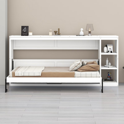 Lit escamotable simple en bois avec bibliothèque, lit armoire simple