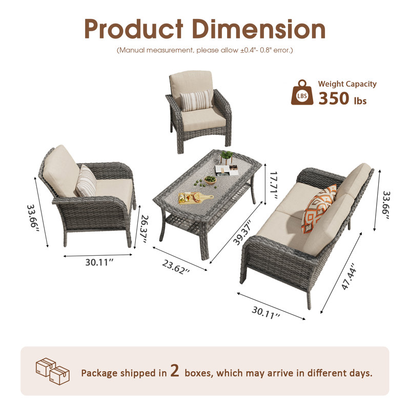 4 - Piece Outdoor Patio Furniture Set with Cushions - Wicker Sofa Chair and Glass - Top Coffee Table for Porch, Backyard, Balcony