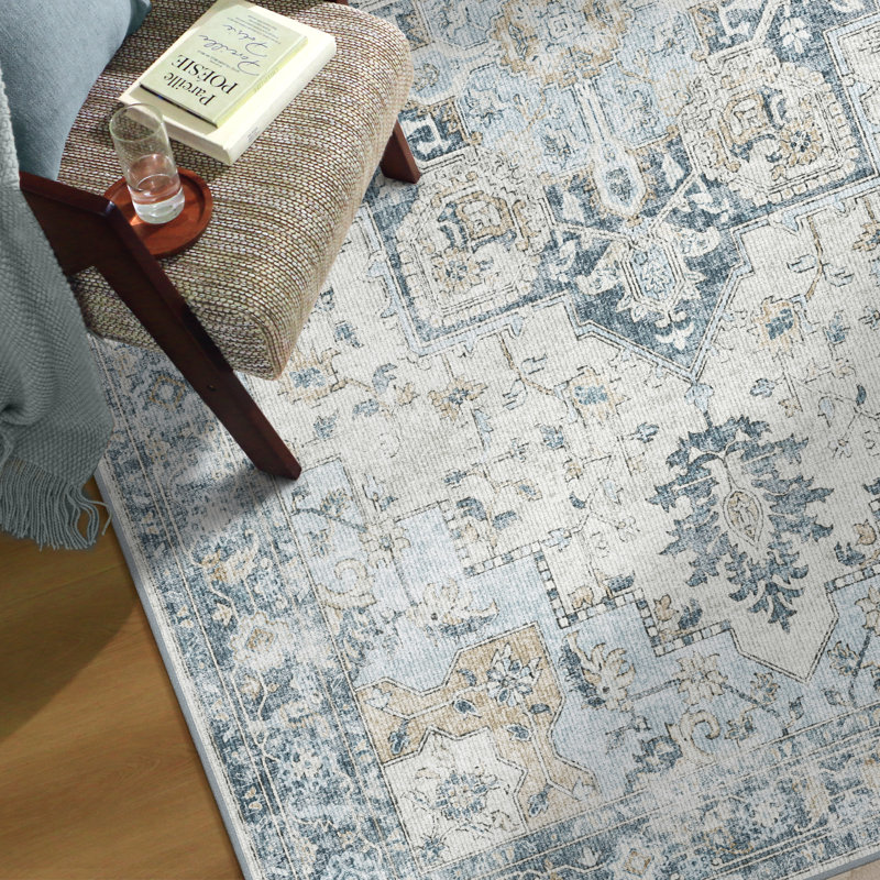 Performance Machine Washable Blue / Beige Area Rug with Non-Slip Rug Pad, Rectangle 6' x 9', Blue