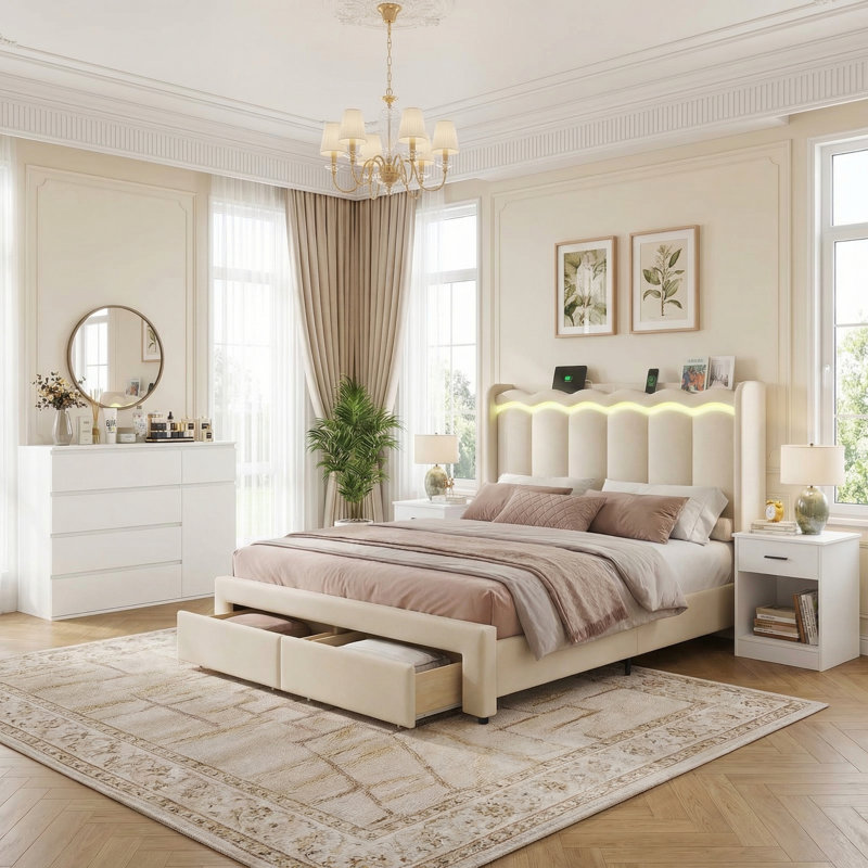 Ensembles de chambre à coucher 2 pièces, lit tapissier à DEL avec usb et 2 tiroirs, commode à 5 tiroirs de l 39,4 po, Beige