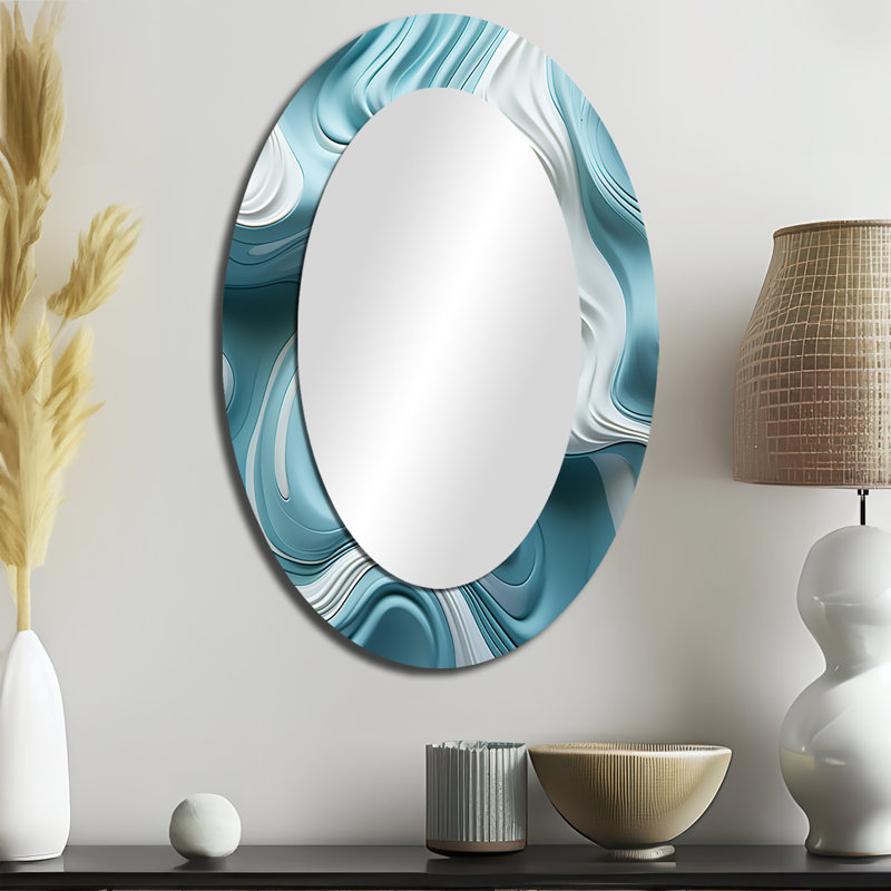 «Blue and White Wave Tiles Impressions I» - Miroir mural ovale moderne bleu, 36 po x 24 po