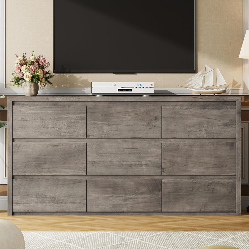 Commode moderne à 9 tiroirs, grande commode en bois, Gris