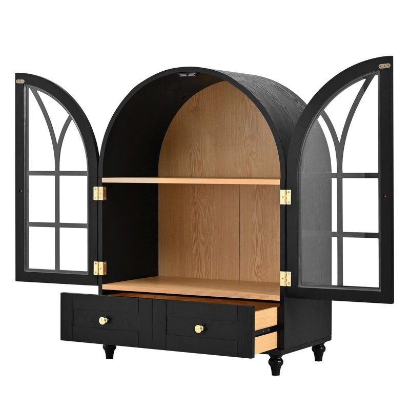 Armoire d'appoint arquée 36,6 po, vitrine avec 2 portes en verre, 2 tiroirs, pieds en bois massif, Black