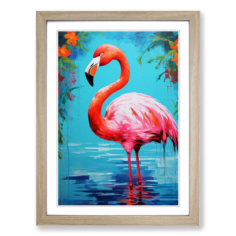 Flamingo Pop Art - Framed Print, Oak, 34cm H x 25cm W x 2cm D
