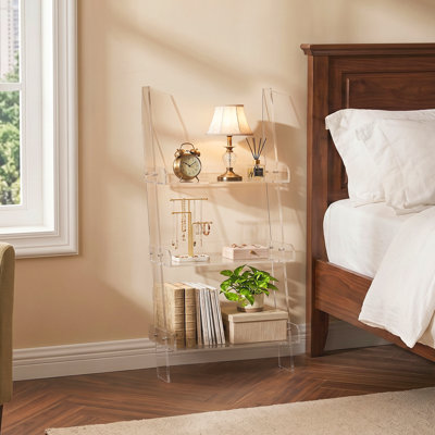 Acrylic Leaning Display Shelf, 3-Tier Drill-Free Ladder Bookcase Corner Bookshelf