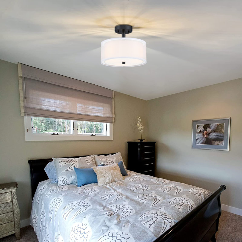 3-Light 11-in Matte Black Semi Flush Mount Light With Fabric Shade