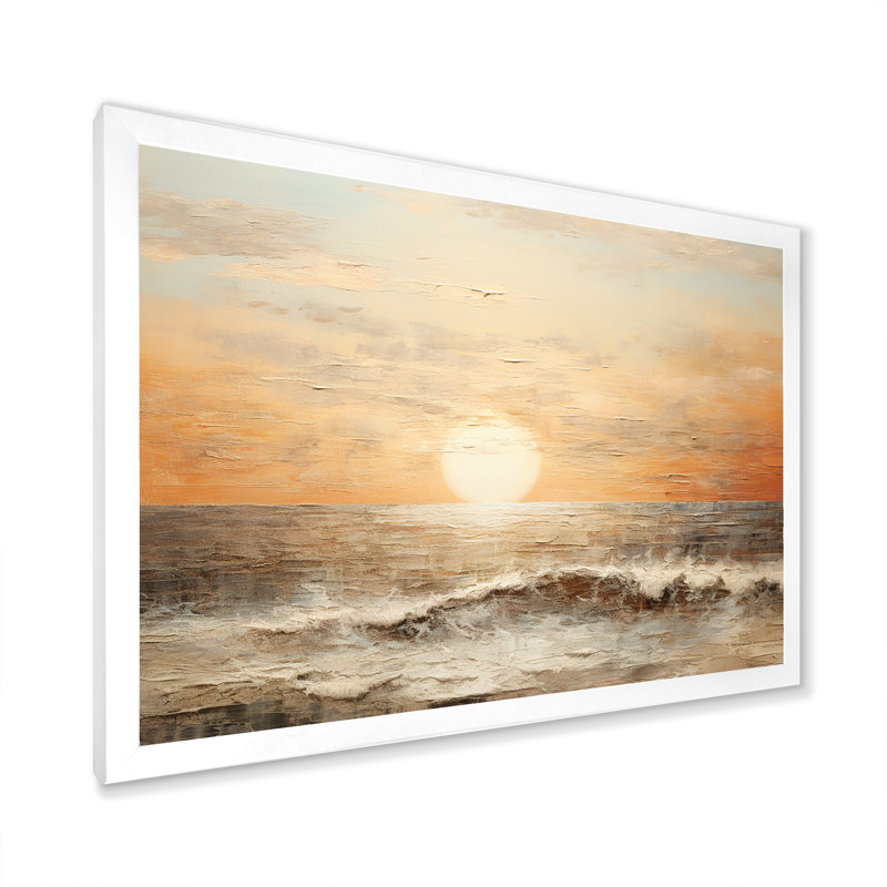 Pirkle " Beige And Golden Beach Sunset Horizon ", White Single Picture Framed, 12" H x 20" W x 1" D