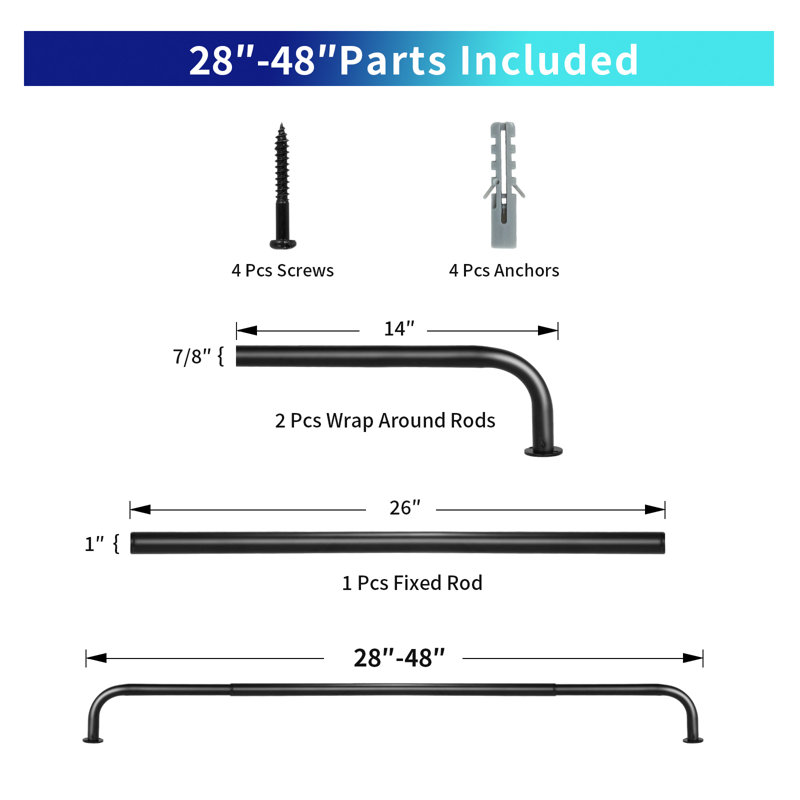 Aariel Steel Adjustable Single Curtain Rod, 28"-48", Black