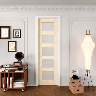 Intérieur: porte en bois de pin et verre givré 5-Lite, porte simple à dalle en bois de pin massif de style colonial, verre trempé certifié SGCC, sans finition et à peindre, sans quincaillerie, garde-manger, chambre à coucher, salle de bain et garde-robe 28 po x 80 po