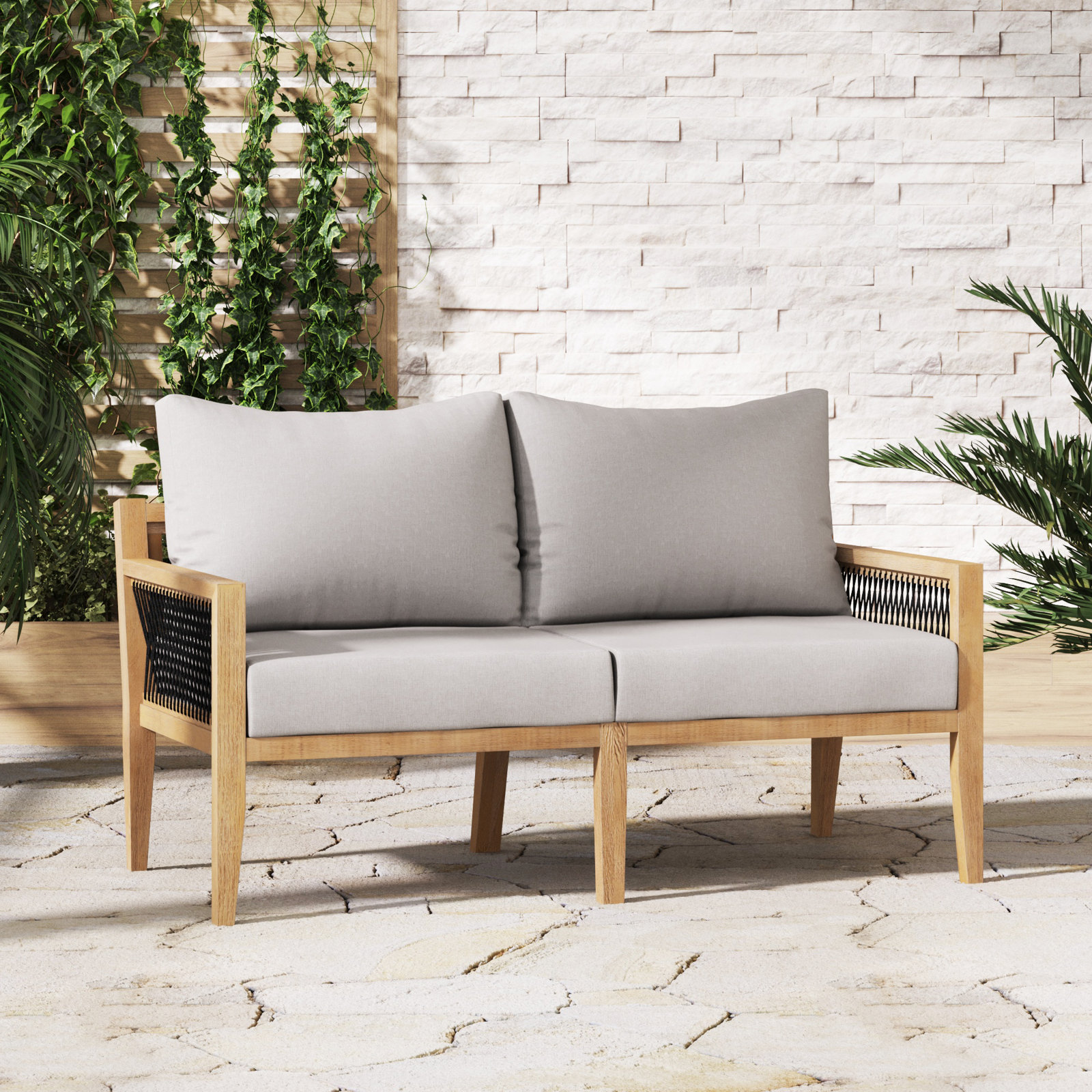 Rooney 56" Acacia Patio Loveseat, Light Gray, Natural/Black