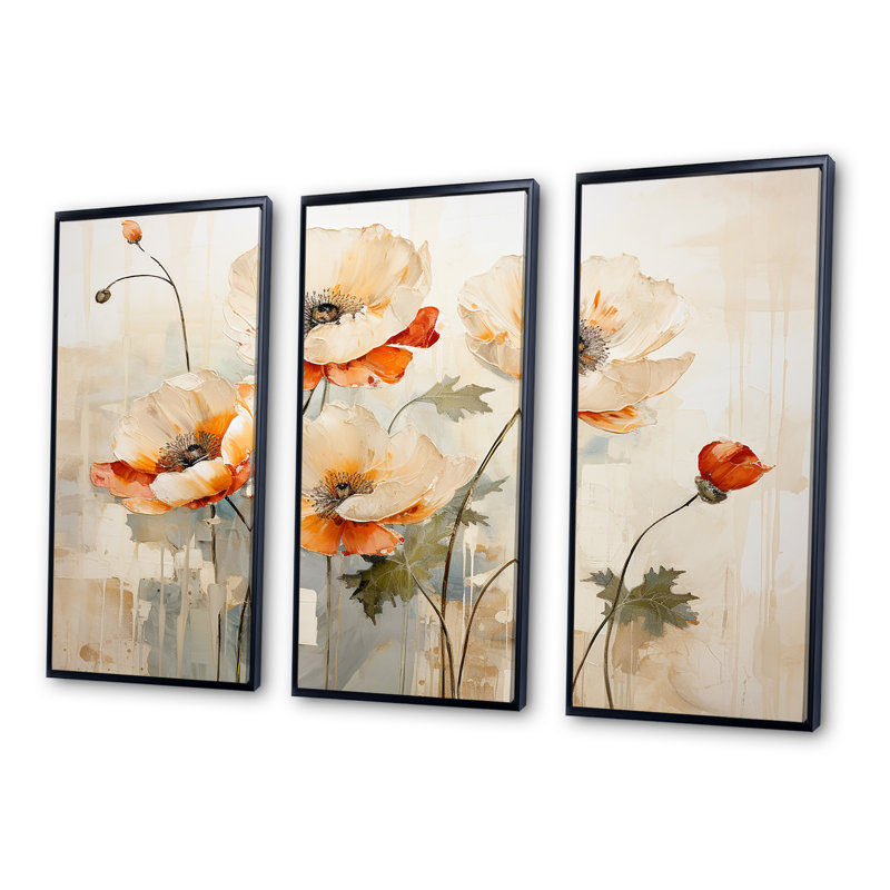 Ensemble de décorations murales Beige Poppy Meadow Melody II - Coquelicots, H 28 po x l 36 po x P 1 po, Cadre flottant noir