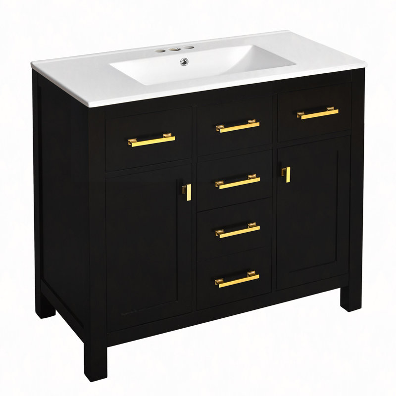 Ensemble de meuble-lavabo 36 po avec lavabo en céramique, armoire de salle de bain simple autoportante avec 4 tiroirs et 2 armoires, meuble de rangement pour la salle de bain, ensemble de meuble-lavabo avec cadre en bois massif