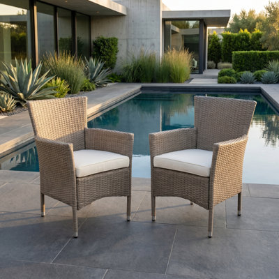 Set of 2 Wicker Patio Chairs with Cushions, All-Weather Rattan Outdoor Dining Armchairs for Garden, Deck, Poolside