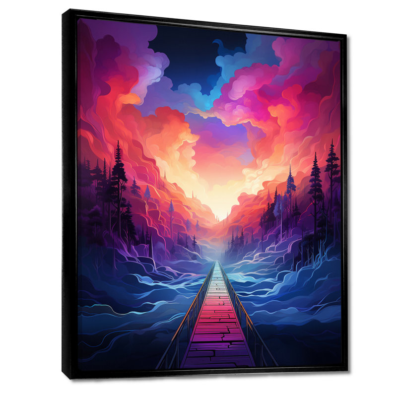 Coucher de soleil sur le voyage à travers les bois - Paysage abstrait, art mural, Black Floater Framed