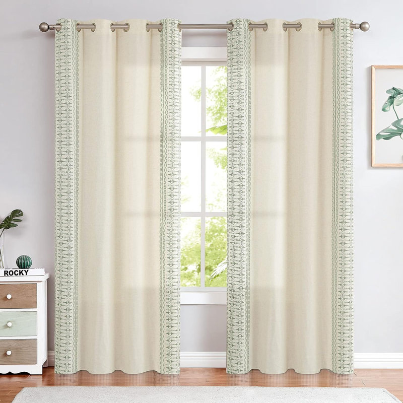 Paire de rideaux semi-transparents en lin Kidist, L 50 po x L 95 po, Sauge / beige