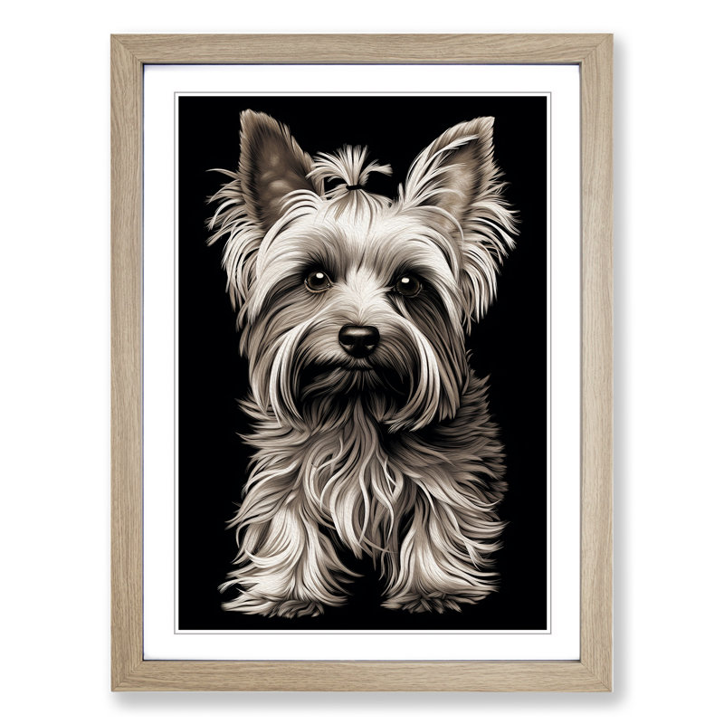 Yorkshire Terrier Line - Single Picture Frame Print on Wood, 34cm H x 25cm W x 2cm D, Oak