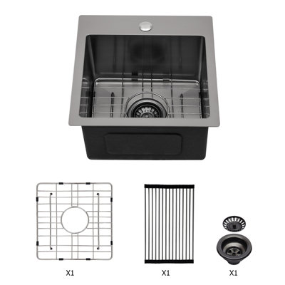 Évier de cuisine à simple cuve 15 po x 15 po x 9 po en acier inoxydable noir, acier inoxydable T304 de calibre 16, empreinte digitale - surface, drainage en forme de X, coin R10 pour plus d'espace de travail, condensation