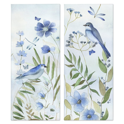 Blue Hued Flowers & Birds 2 Piece Canvas Wall Art Set, design by Janet Tava