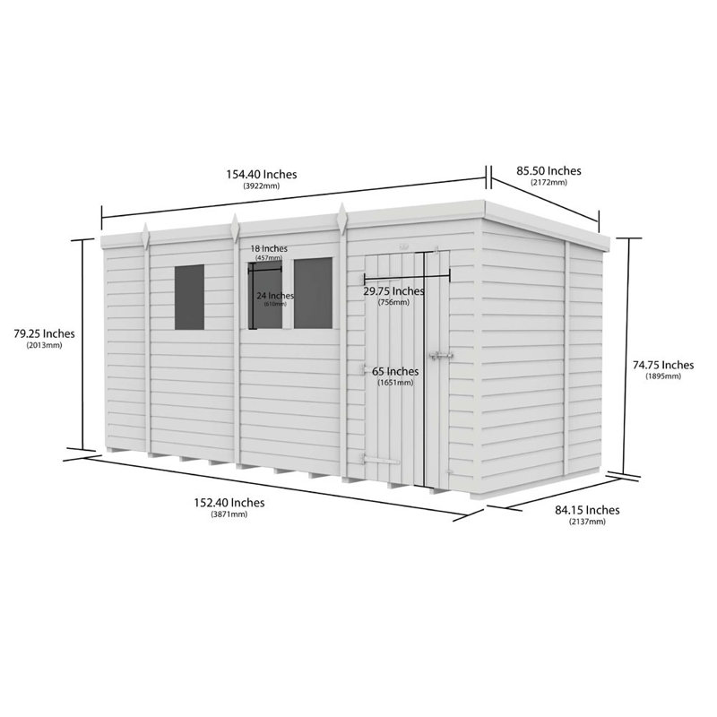 13ft x 7ft Pent Shed - Double Door with Windows
