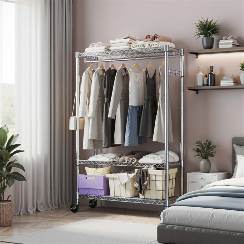 Portant à vêtements robuste sur roulettes, garde-robe ajustable en métal avec 1 tringle, idéal pour organiser et ranger les vêtements, 15,7 po