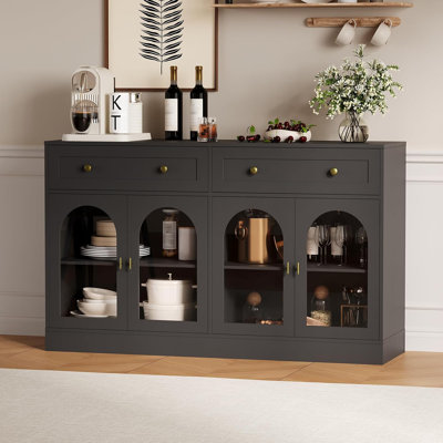 55 Inch Wide Sideboard Buffet Cabinet with 4 Acrylic Doors & 2 Drawers, Farmhouse Kitchen Storage Cabinet, Wooden Console Table for Living Room, Dining Room, Entryway