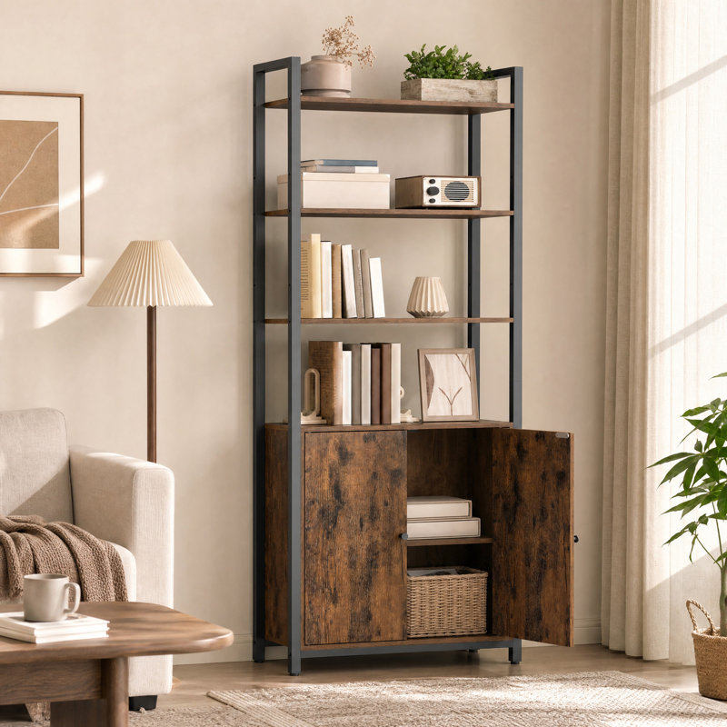 Adyaan 60 cm W Steel Etagere Bookcase, Rustic Brown/Ink Black