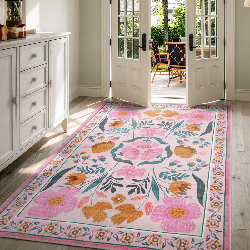 Kaidi Vintage Floral Washable Area Rug with Non-Slip Backing, Soft Botanical Farmhouse Rug for Living Room, Bedroom, Dining Room