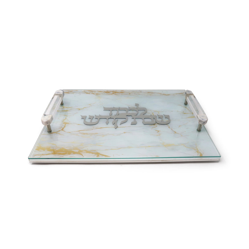 Tableau blanc en cuir blanc avec plateau en verre et imprimé et poignées en acrylique, Argent