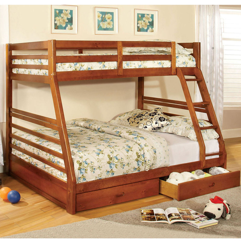Lit superposé simple au-dessus d'un lit double au fini chêne avec deux grands tiroirs pour rangement sous le lit et échelle attachée