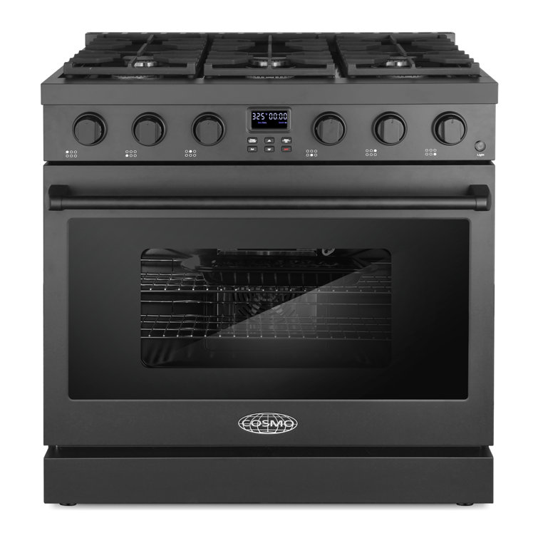 Cosmo 36 In. Lumin Collection 6.0 Cu. Ft. Gas Range With 6 Sealed Burners And Convection Oven In Matte Black