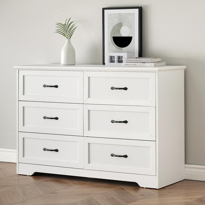 6 Drawers Dresser For Bedroom,Chest Of Drawers With Wide Metal Handle, White