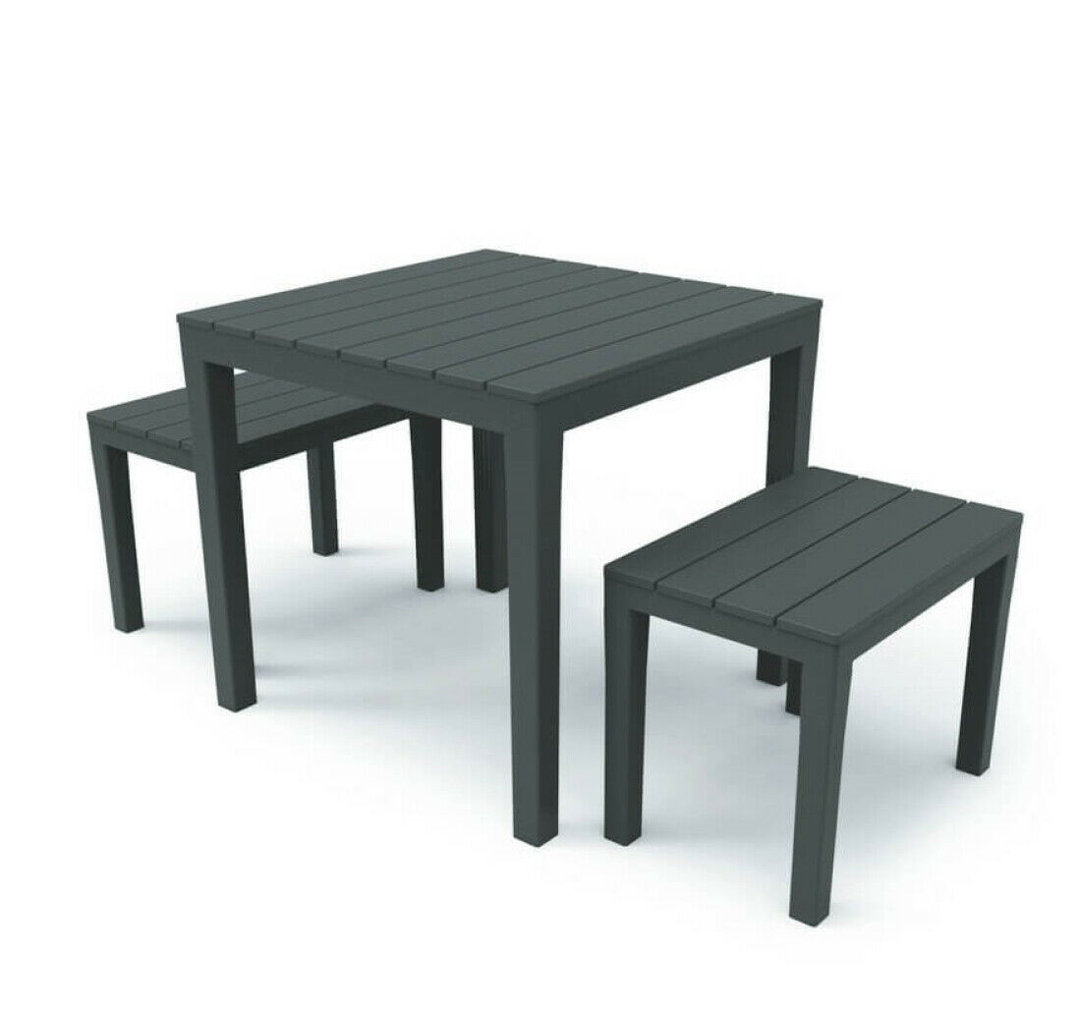 Plastic Dining Patio Garden Square Table + 2 Benches