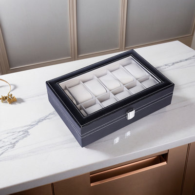 Boîte de rangement pour montre en cuir noir avec 10 compartiments