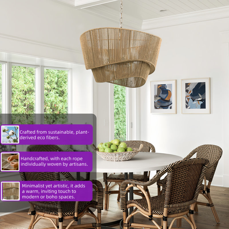 5-light 21" Electroplated Wood Rattan Paper Rope Durm Chandelier for Living Room/bedroom, Natural