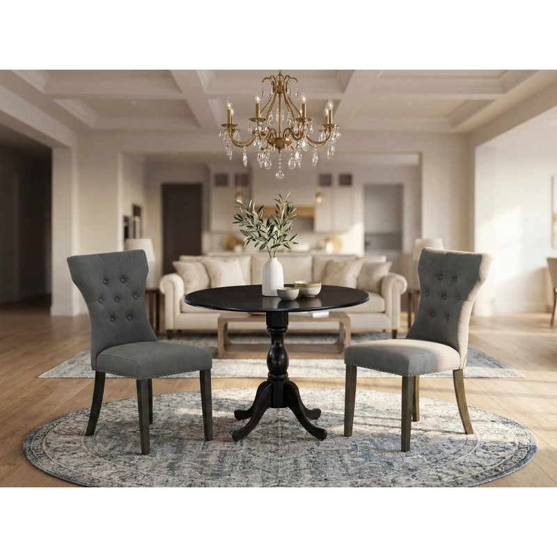 3 Piece Dinette Set for Small Spaces Contains a Round Dining Table with Dropleaf and 2 Dark Gotham Linen Fabric Parson Chairs, 42x42 Inch, Wirebrushed Black