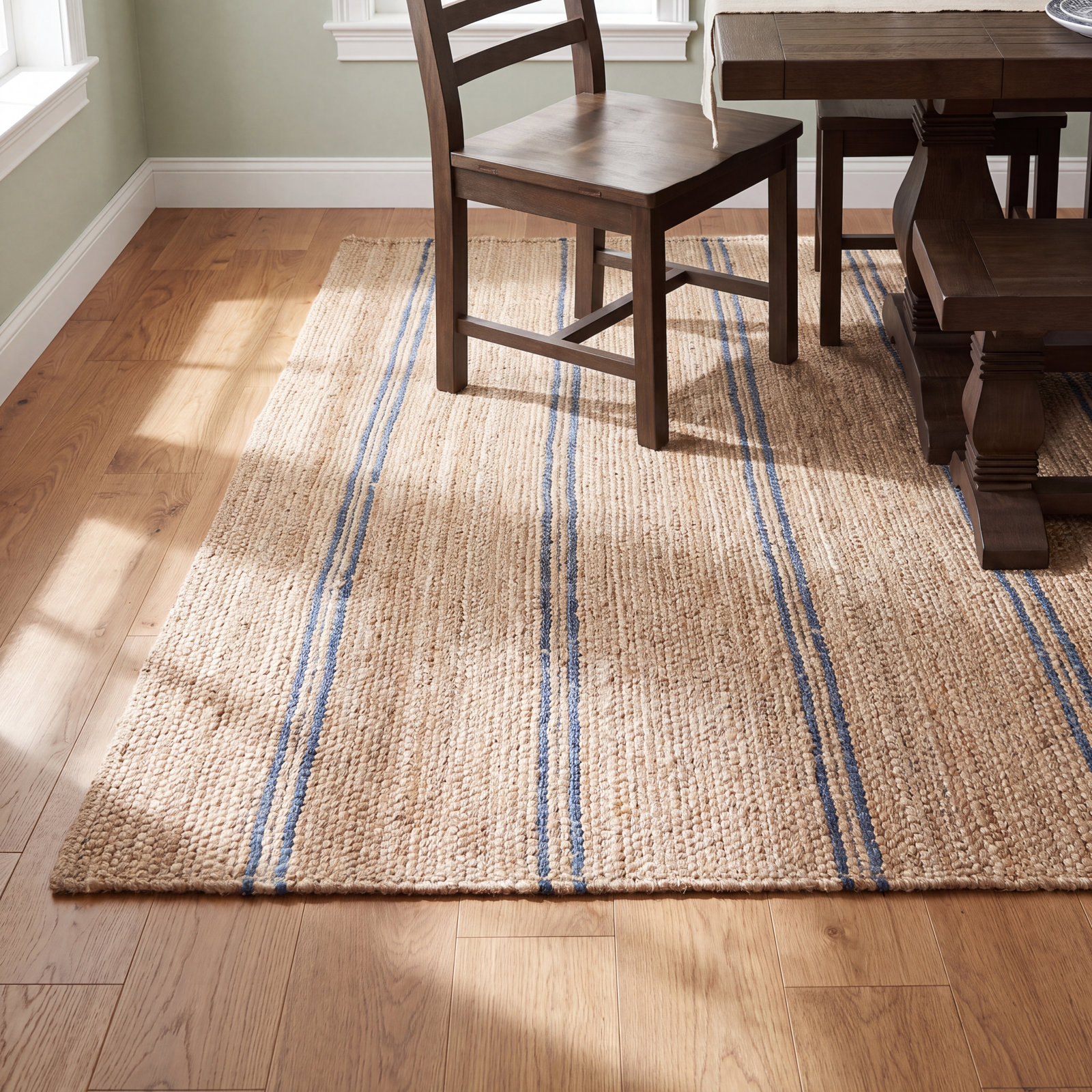 Beamond Brown Blue Hand-Woven Striped Jute Rug, Rectangle 5' x 8'